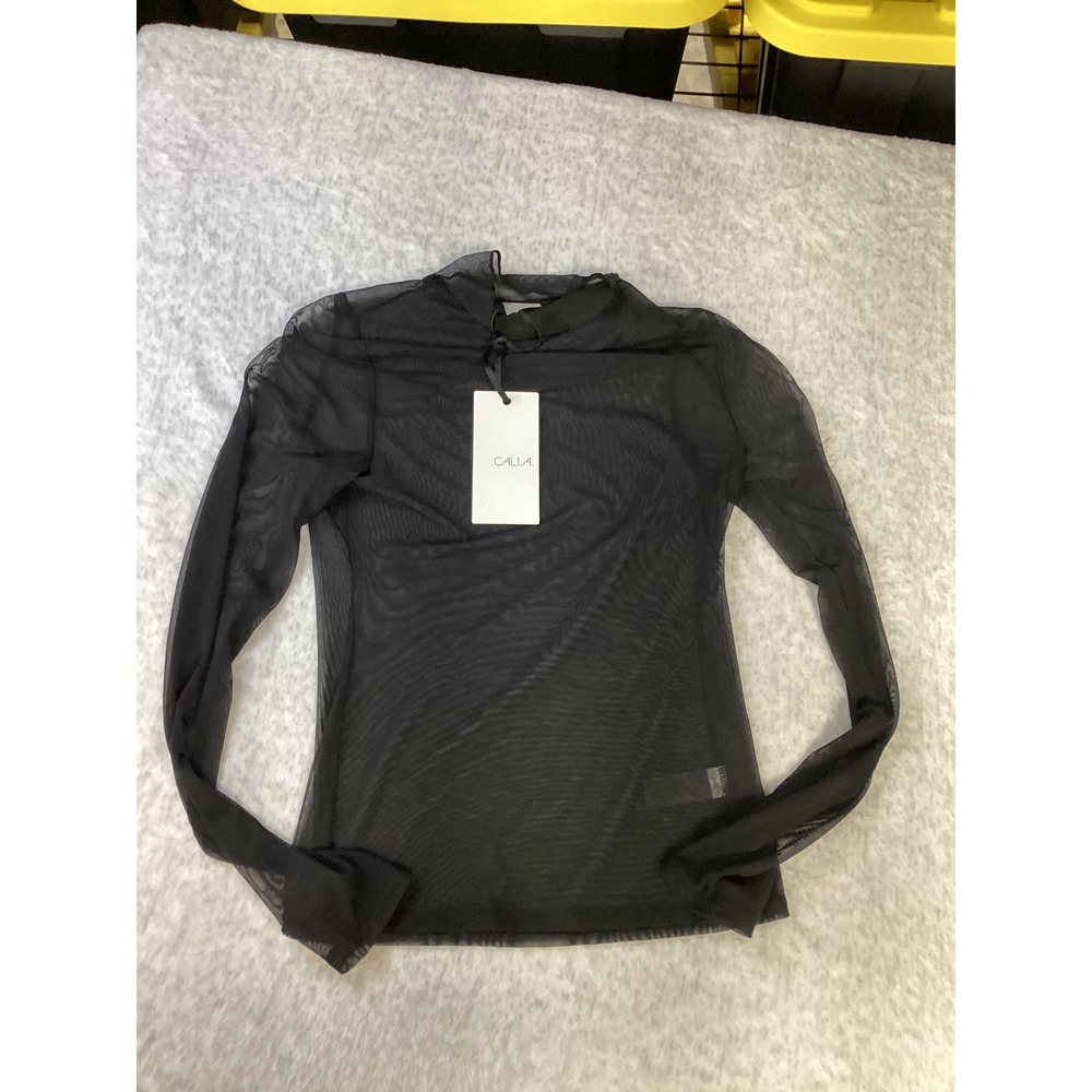 CALIA Womens Draped Funnel Long Sleeve Mesh Top Black Sheer CKP15396CN Small NWT